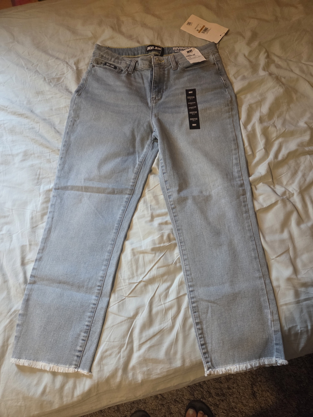 Dkny Light Blue Straight-Leg Jeans with Frayed Hem